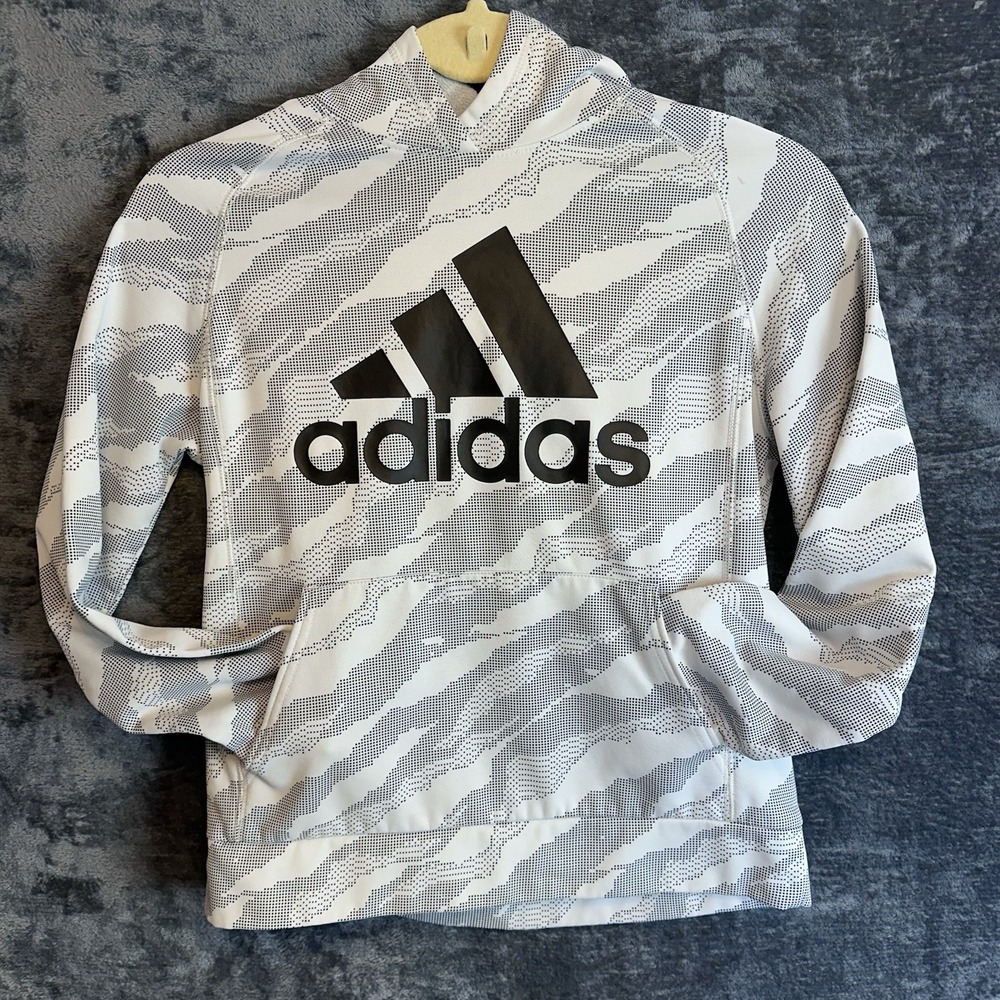 adidas Unisex Kids Fleece Pullover Hoodie M (10/12) Gray Camo Logo Pockets